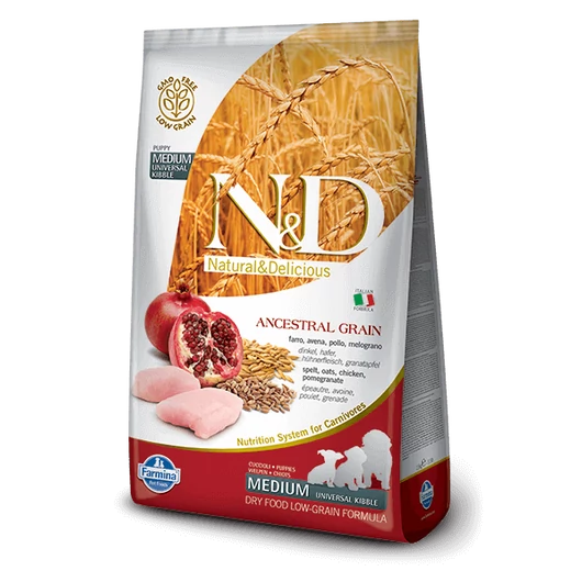 N&D Dog Ancestral Grain csirke, tönköly, zab, gránátalma puppy med&maxi 2,5kg