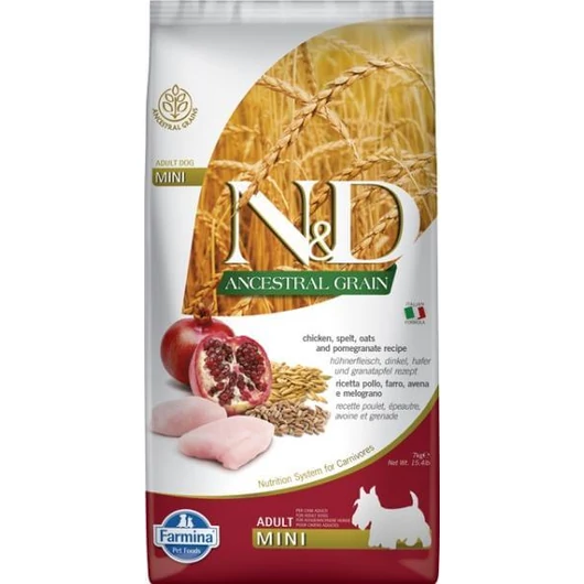 N&D Dog Ancestral Grain csirke, tönköly, zab&gránátalma adult mini 2,5kg