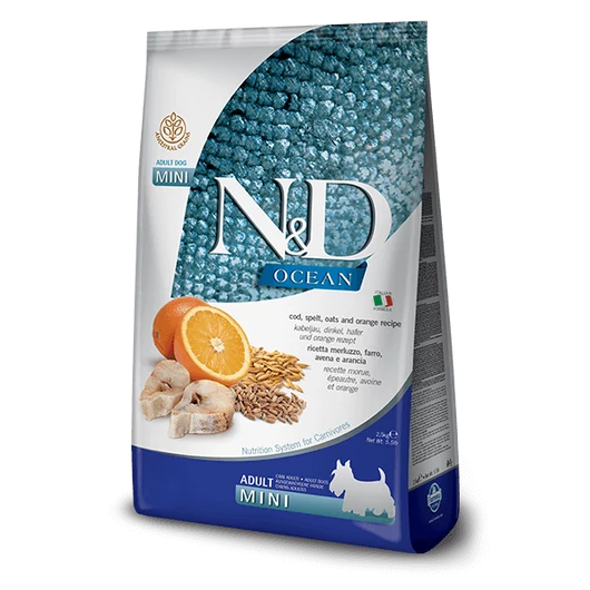 N&D Ocean Dog Tőkehal, tönköly, zab&narancs adult mini 7kg