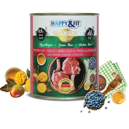 Happy&Fit Superior 100% Monoprotein - Friss marhahús mangóval és áfonyával 400g