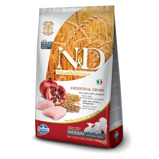 N&D Dog Ancestral Grain csirke, tönköly, zab, gránátalma puppy med&maxi 2,5kg