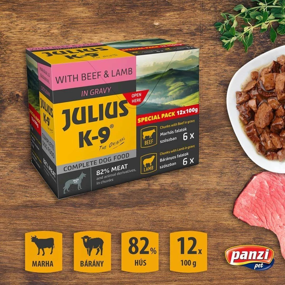 Julius-K9 Beef & Lamb szószos falatok kutyáknak 12x100g