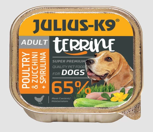 Julius-K9 Dog Terrine Adult Poultry&Zucchini, spirulina - nedveseledel (szárnyas,cukkini) felnőtt kutyák részére 150 g