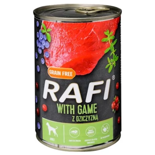 Rafi kutya pástétom vad, vörös- és kék áfonyával konzerv 400g