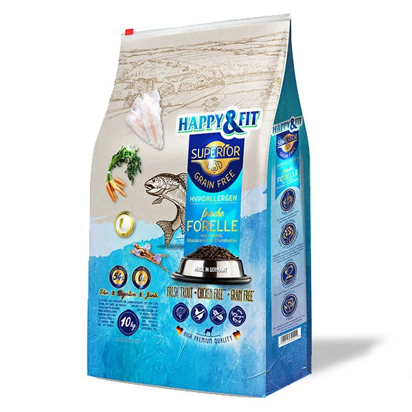 Happy&Fit Superior Grain Free Hipoallergén (pisztráng, halolaj, glükozamin, kondroitin) 10 kg