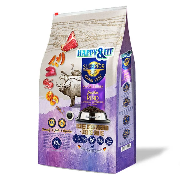 Happy&Fit Superior Grain Free Hipoallergén (marha, strucc, vízibivaly, sütőtök) 10 kg
