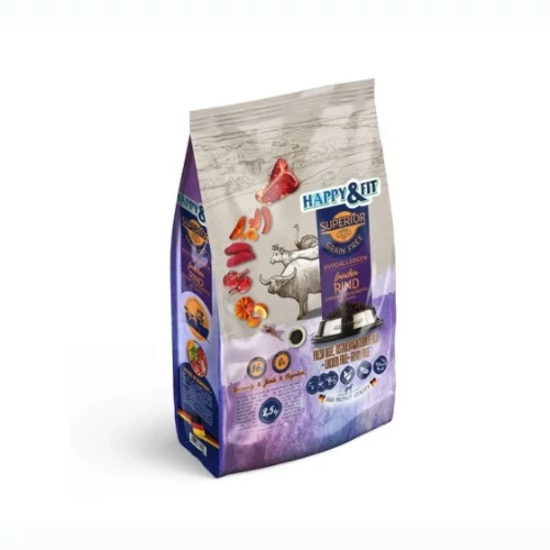 Happy&Fit Superior Grain Free Hipoallergén (marha, strucc, vízibivaly, sütőtök) 12,5 kg