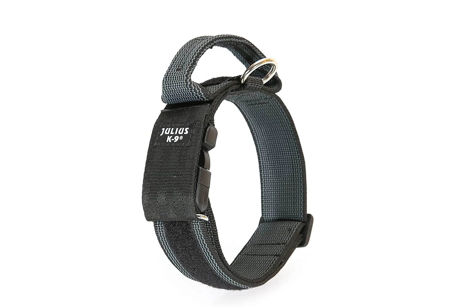 Julius k9 Biztonsági zárral ellátott nyakörv fogantyúval és cserélhető felirattal 40mm/38-53 Fekete-Szürke