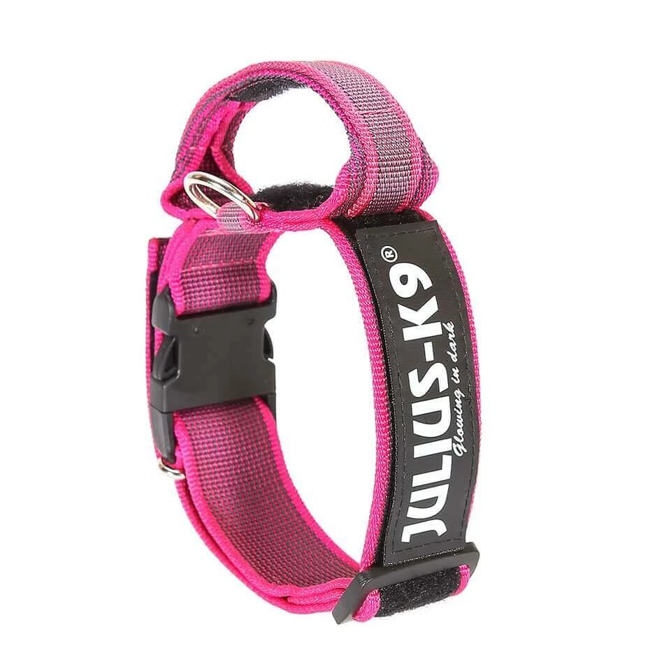Julius k9 Biztonsági zárral ellátott nyakörv fogantyúval és cserélhető felirattal 50mm/49-70 Pink-Szürke