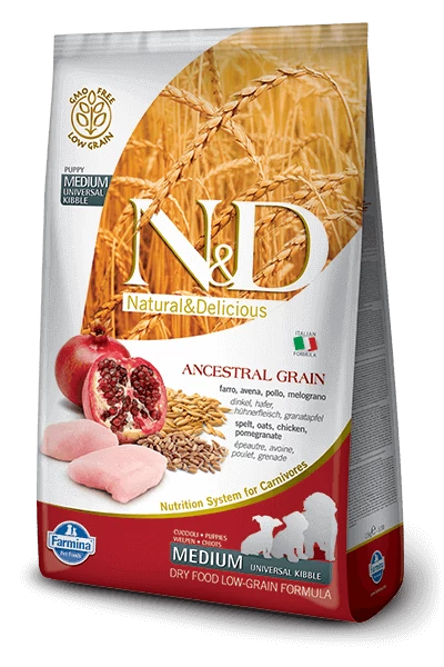 N&D Dog Ancestral Grain csirke, tönköly, zab, gránátalma puppy med&maxi 2,5kg