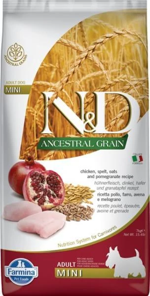 N&D Dog Ancestral Grain csirke, tönköly, zab&gránátalma adult mini 2,5kg