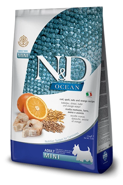 N&D Ocean Dog Tőkehal, tönköly, zab&narancs adult mini 7kg