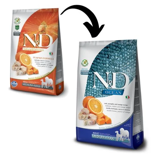 N&D Dog Grain Free tőkehal&narancs sütőtökkel adult medium/maxi 2,5kg kutyatáp